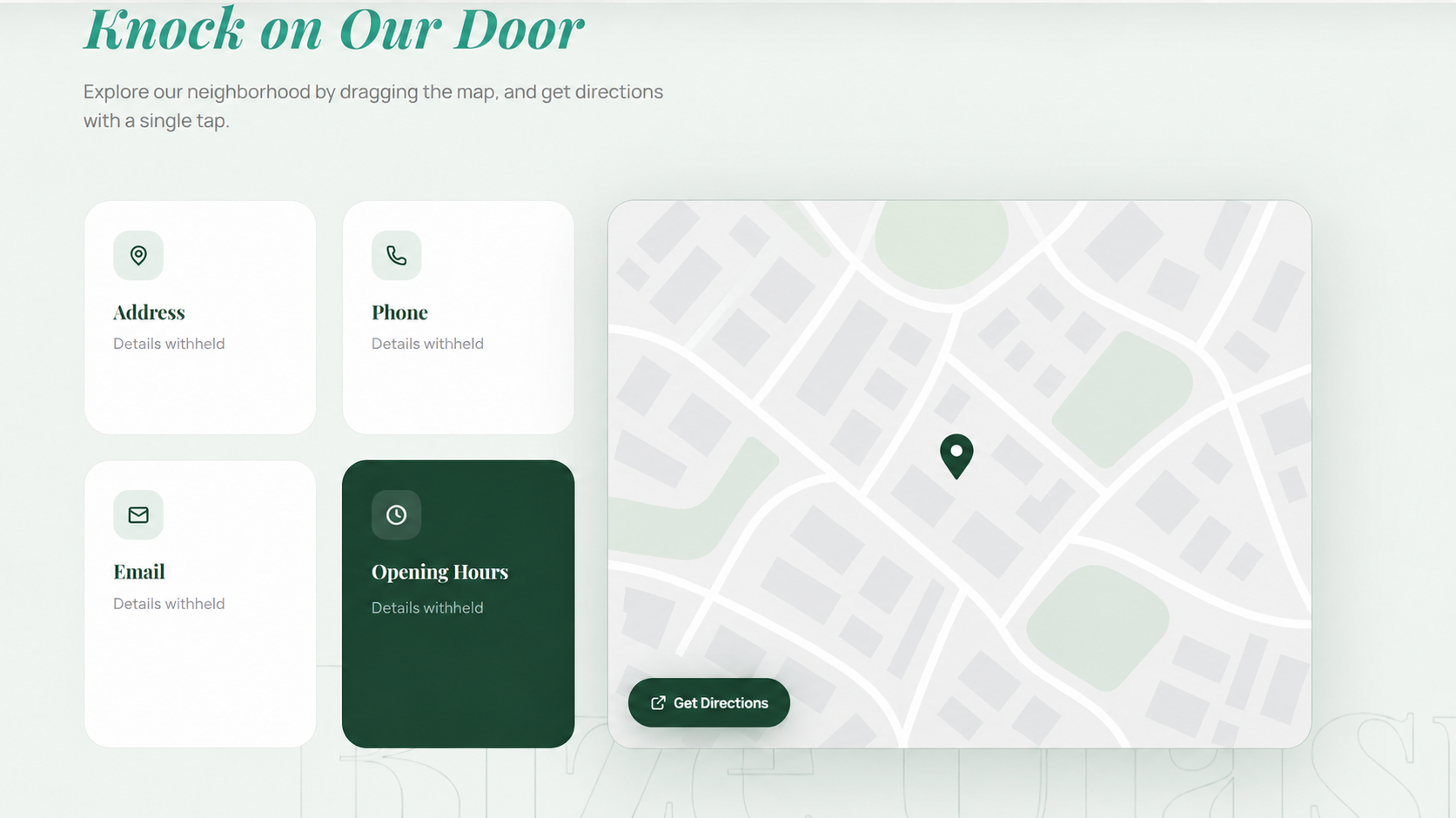 Anonymized contact layout with withheld details and an unlabelled fictional map