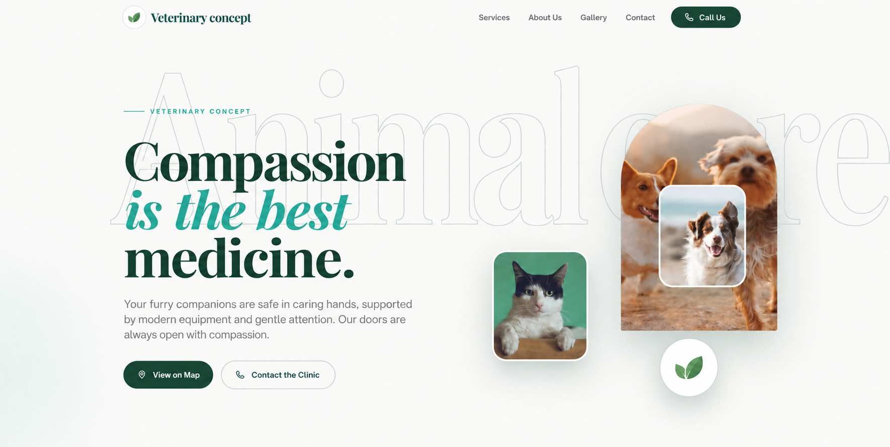 Veterinary website concept with forest-green typography and welcoming animal photography