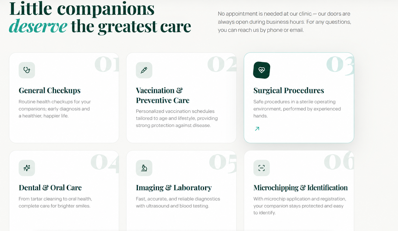 Six neatly arranged veterinary service cards